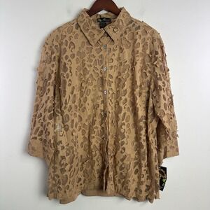 Mirasol Womens Sheer Button Up Shirt  Tank Top Size 2X Cotton Tan Artsy New